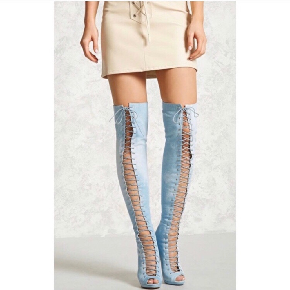 Denim lace up over the knee stiletto boots